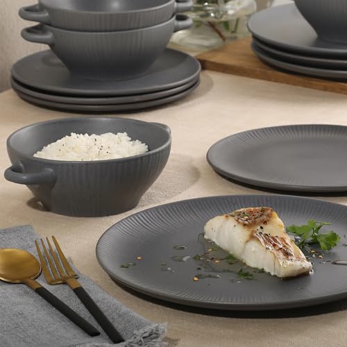 Image of Gibson Elite Clover Hill 12-Piece Stoneware Dinnerware Set - Dark Blue Embossed Plates and Bowls with Matte Speckled Reactive Glaze, Service for 4 - Microwave & Dishwasher Safe
