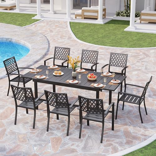 Image of PHI VILLA 9 Pcs Outdoor Dining Table& Expandable Metal Table | Rectangular Metal Dining Table and 8 Bistro Metal Chairs for Patio, Deck, Yard