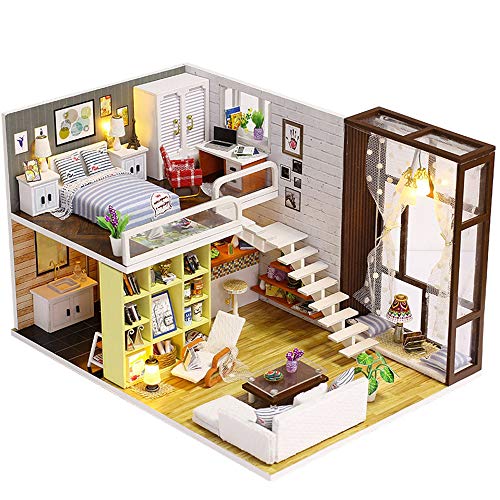 PEACE BIRD Miniature Dollhouse Kit Decorations with Lights and Furnitures DIY House Craft Kits 1:24 Scale Creative Room