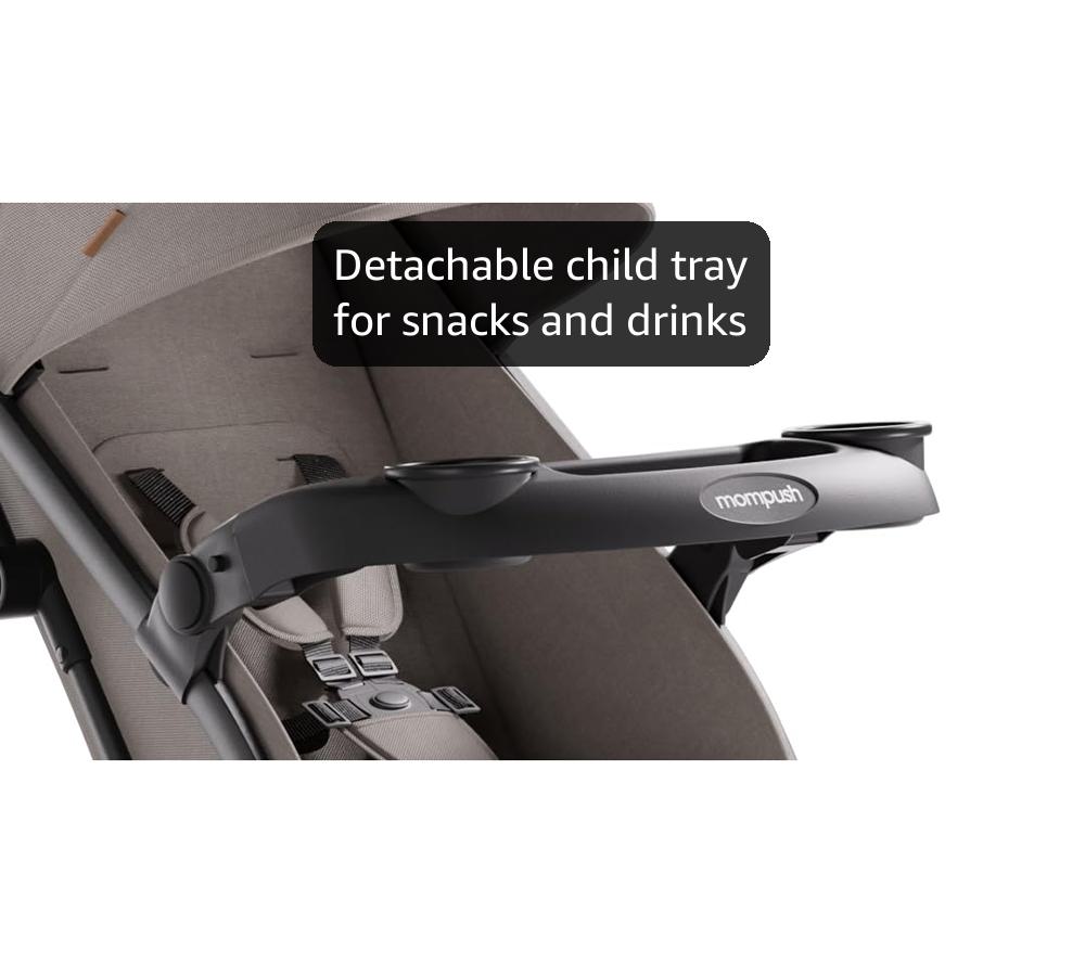 Mompush Lithe V2 Lightweight Travel Stroller, Compact Foldable Baby Stroller with Travel Bag, One-Hand Fold Stroller, Snack Tray, Mechanical Recline Seat, Airplane-Ready, UPF 50+ Canopy & Rain Cover