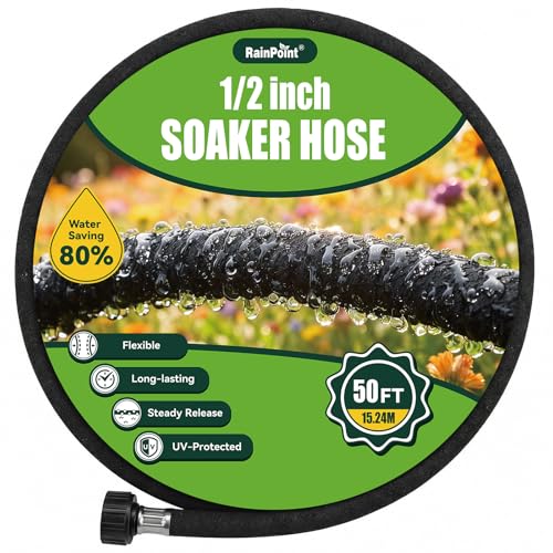RAINPOINT 1/2 Soaker Hose 50ft for Garden Drip Irrigation Hose Water Seeper Soaker Hoses for Foundation Watering Save 80% Water for Vegetable Gardens Flower Beds Lawns Orchards Green