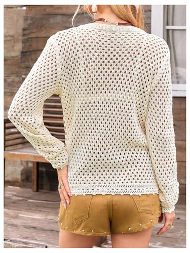 SHENHE Women's Crochet Top Hollow Out Crew Neck Color Block Lightweight Knit Sweater Pullover2