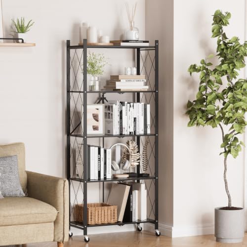 Image of ALANNG 60.6 Inch Folding Bookshelf, 5 Tier Metal Bookcase and Bookshelves | Tall Shelves for Living Room Office Bedroom, Heavy Duty Book Shelve Free Standing Open (Black, 4PACK)