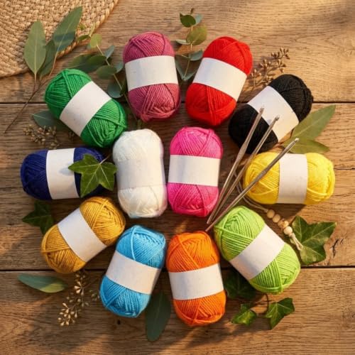 Image of Yarn Kit with Hooks - 12 Multicolour Yarn Wool Oon Balls + 4 Crochet Kroshiya Needles Set for Beginners, DIY Knitting & Craft Kit for Kids & Adults, Soft Wool Yarn Bundle for Crochet Projects