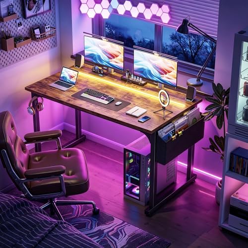 Image of DurayLoly 48 Inch Computer Desk with Waterproof LED Lights,Study Desk for Teens & Home Office,Headphone Hook & Storage Bag Included,Sturdy Metal Frame,Small Space Friendly,Rustic Brown