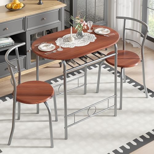 Image of VECELO 3-Piece Dining Table Set for Kitchen Breakfast Nook, Wood Grain Oval Tabletop and Metal Frame with Built-in Wine Rack, for Small Spaces, Brown & Silver