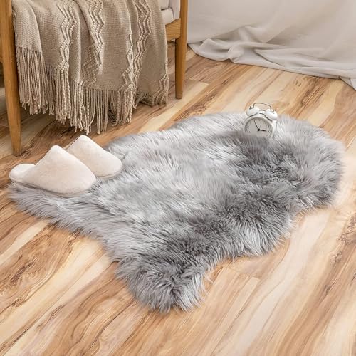 Ruedong Faux Fur Fell Teppich Grau 40x60 cm, Longhair Flauschiger Schaffell Teppich Lammfell...
