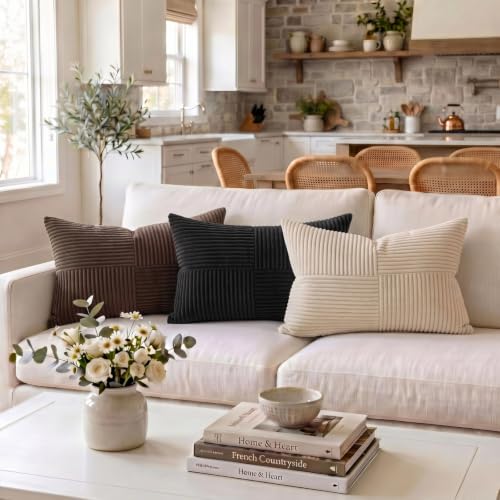 Image of Fancy Homi 2 Packs Black Lumbar Decorative Throw Pillow Covers 16x28 Inch for Living Room Couch Bed Sofa, Rustic Farmhouse Boho Home Decor, Soft Striped Corduroy Rectangle Accent Cushion Case 40x70 cm