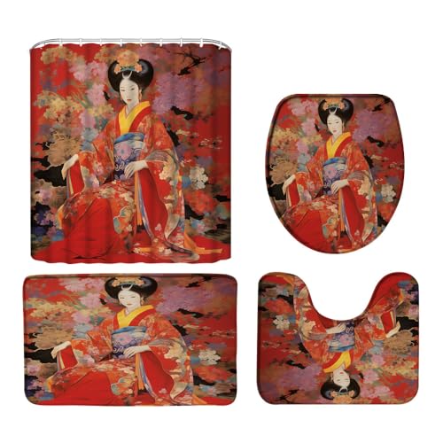 Hykhyk 4Pcs Japanese Geisha Shower Curtain Set With Rug,Asian Traditional Oriental Costume Vintage Spring Floral Bathroom Set With Hooks thumb #1