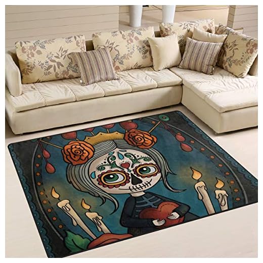 Naanle - Alfombra Antideslizante con diseño de Calavera Mexicana para salón, Comedor, Dormitorio, Cocina, 120 x 160 cm, diseño de Calavera y Flores, 60 x 90 cm(2' x 3')
