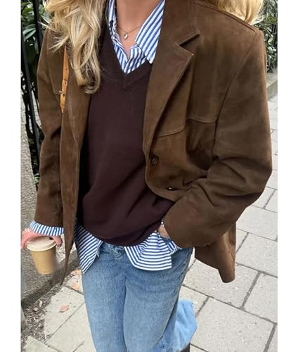 SEMATOMALA Women's Y2K Faux Suede Jacket Blazer Dark Brown Button Down Boyfriend Fall Winter Shacket Coat2