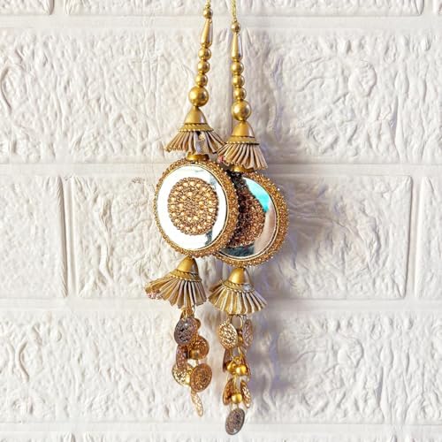 Image of Adikala Craft Store Handmade Ethnic Silk Latkan Tassel Set of 2 for Saree Pallu, Blouse, Suits, Dupatta, Lehenga Decor | Wedding Festival Occasion (Golden Mirror)