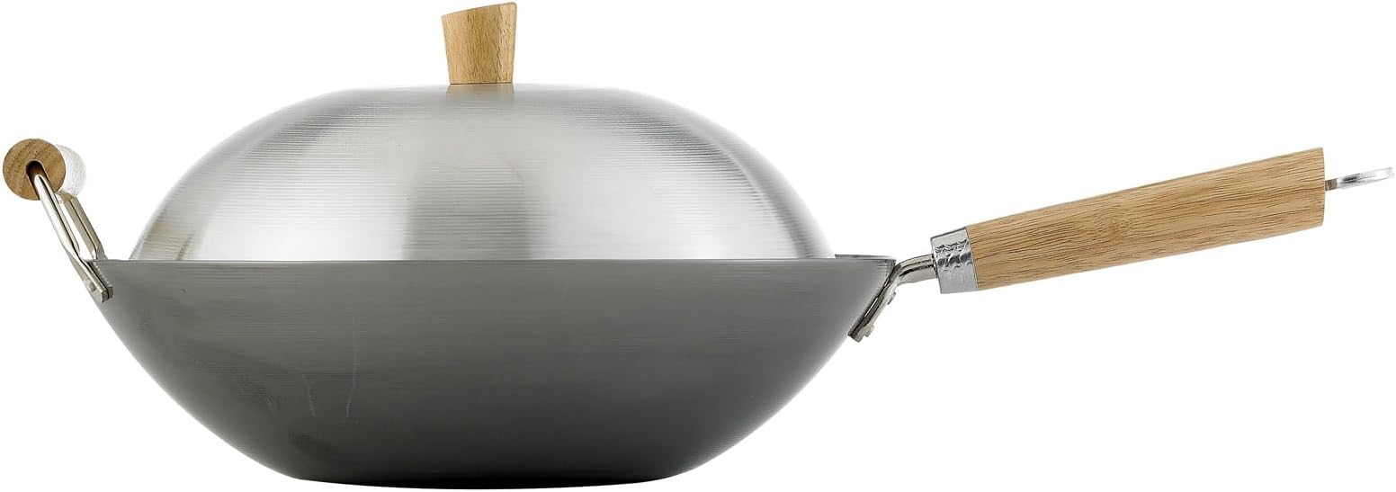 97005 Helen Chen's Asian Kitchen Flat Bottom Wok, Carbon Steel with Lid and Stir Fry Spatula, Recipes Included, 13.5-inch, 4 Piece Set, Silver/Gray/Natural