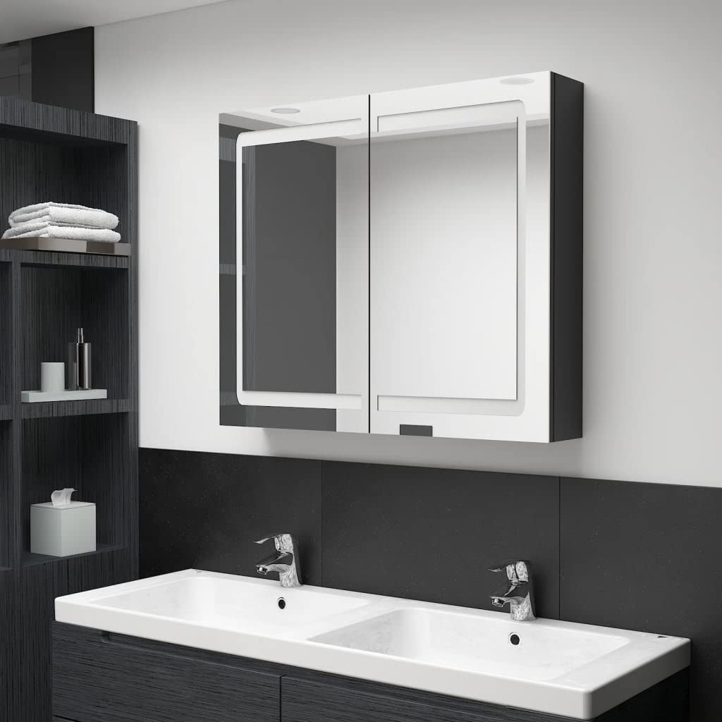 vidaXL Armario de Baño con Espejo LED Aseo Inodoro Muebles Mobiliario Tocador Botiquín Almacenamiento Estante Decoración Negro Brillante 80x12x68 cm