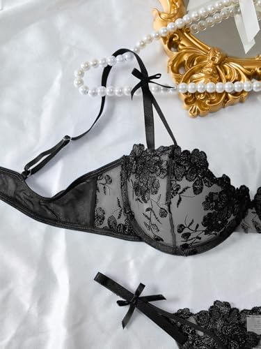 Image of Lilosy Sexy Underwire Cute Push Up Strappy Embroidered Mesh Sheer Lingerie Set See Through Panty Bra