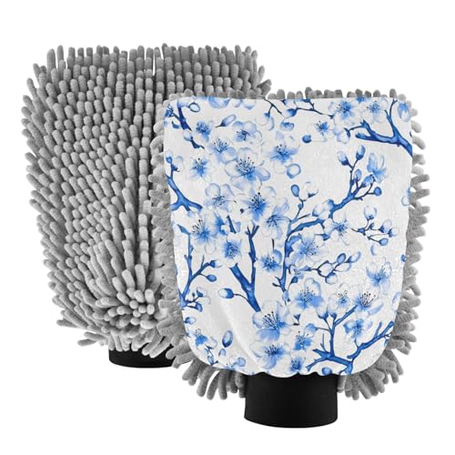 STAYTOP Blue Cherry Blossoms Car Wash Mitt Microfiber, 2Pcs Scratch Free Lint-Free, Premium Chenille Microfiber Mitt Car Wash Brush-L