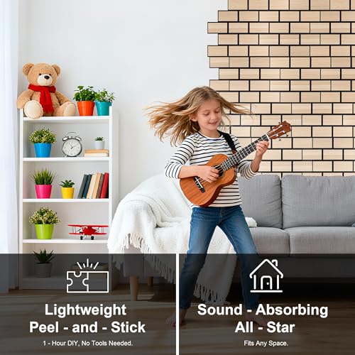 Image of WoveN SounD Brick Acoustic Panels, Natural Oak, 16 Pack, 16x12 in | Self-Adhesive, Peel and Stick, NRC 0.95, Seamless Brick, Refined Sound, Home, Studio, Office, Theater