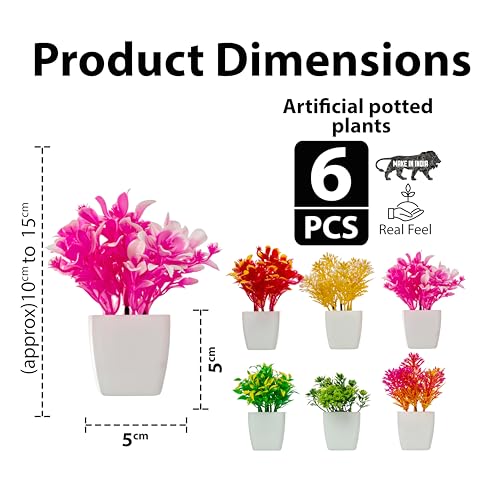 Image of JH Gallery Artificial Plants with Pot - Realistic Look, Durable Home Decor, Perfect Home Decoration Items for Living Room, Hall and Bedroom. Flower Pot for Stylish Interiors (Pack of 6)