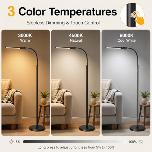 Image of Cordless Floor Lamp Rechargeable, 15W Bright LED Floor Lamp with 8000mAh Battery, Dual Head Gooseneck Standing Lamp, 3 Color Temperatures, Stepless Dimming Battery Floor Lamp for Bedroom Office