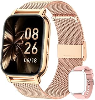 Popglory Smartwatch für Damen, mit Anrufen und Sprachassistenten, 4,6 cm (1,85 Zoll), Smartwatch für Damen, 2 Bänder, Aktivitätsarmband, Blutdruck, Blutsauerstoff, Geschenk für Damen, Herren, Android