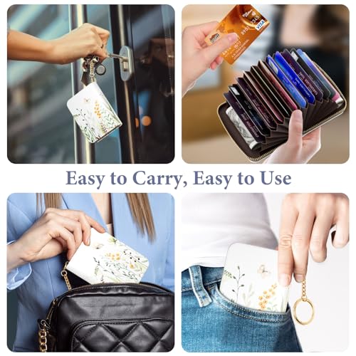 Image of Credit Card Holder RFID Wallet for Women, Small Leather Card Organizer Case with Zipper and Keychain, Weeds
