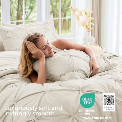 Image of Sasttie Queen Comforter Set, 7-Piece Bed in a Bag, Pintuck Bedding Sets for All Season, Includes Comforter, Flat Sheet, Fitted Sheet, Pillowcases and Pillowshams, Beige