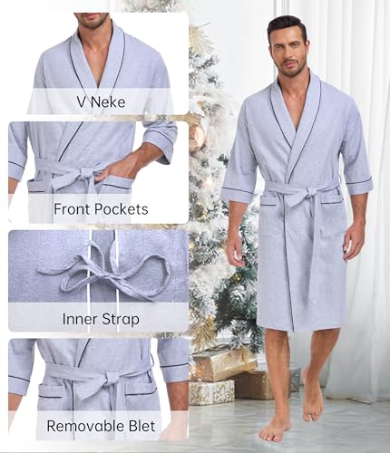 Image of COLORFULLEAF 100% Cotton Men's Bathrobes Summer Kimono Short Sleeve Lightweight Soft Breathable Spa Robe for Men