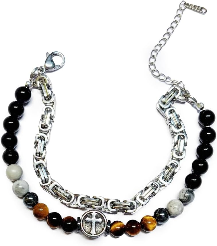 2Pcs Men's Bracelet Set - Byzantine Stainless Steel Chain & Natural Stone Cross Bracelet, Tiger Eye Black Obsidian Hematite Beads, Christian Religious Jewelry Gift for Him, Father's Day Birthday