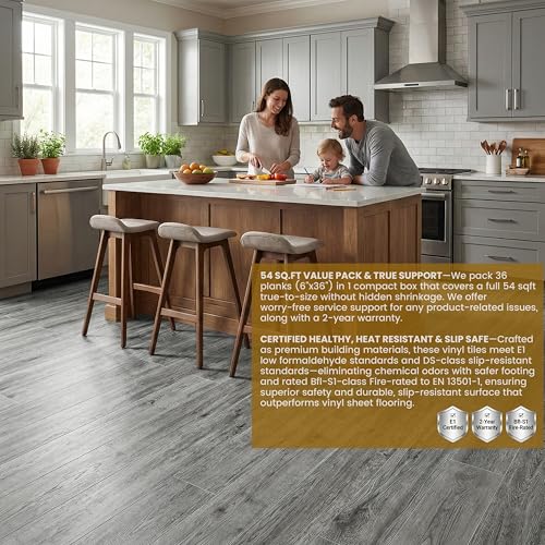 Image of Waterproof Peel and Stick Floor Tile, 54 Sq.Ft Ash Grey Vinyl Wood Flooring, Easy DIY-Install & Durable for Kitchen, Bedroom, Bathroom, RVs, Rental-Friendly (36-Planks 6 inchx36 inch)