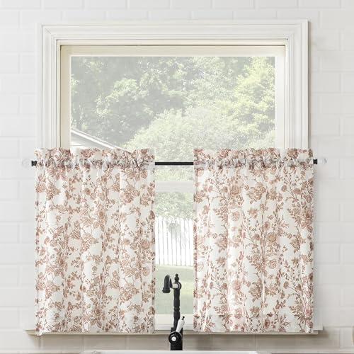 No. 918 Eloise 2-Pack Tonal Botanical Semi-Sheer Rod Pocket Kitchen Curtain Tier Pair, Blush Pink, 54" W x 24" L (2 Panels)