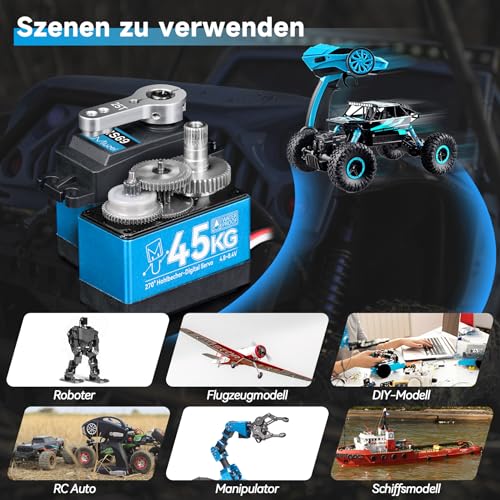 Miuzei RC Servo 45KG 270° Digital Servomotor High Torque Motor Metall Getriebe für 1/10 1/8 1:12 Auto Car Boot Roboter Arm Flugzeug Wasserdicht 4.8-6.0-8.4V Standart Servo mit 50cm Cable 25T Horn