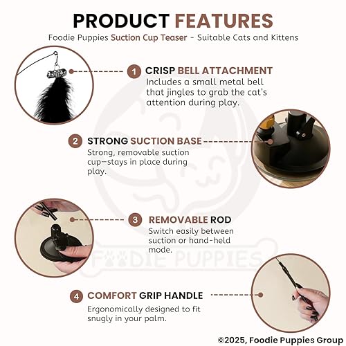 Image of Foodie Puppies Cat Teaser Playing Wand with Feather (Suction Cup Cat Teaser) for Cats and Kittens | Vibrant Interactive Bell Hanging Spring Wand | Fun Teasing, Catching, Chasing and Bonding Play