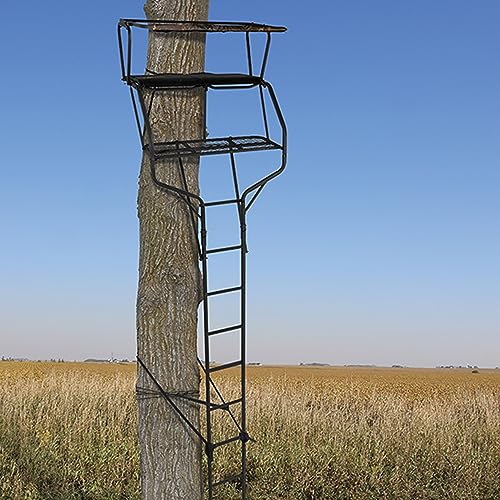 Big Game 2-Person Ladder Tree Stand for Hunting Deer with Seats, 18' Tall, Camo/Black - Adjustable Climbing Treestand with Platform and Safety Harness for Shooting