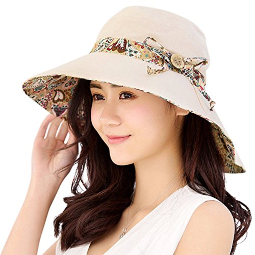KXF Women Sun Hat UPF50+ Summer Foldable Beach Reversible Hat Outdoor Wide Brim Cap Beige