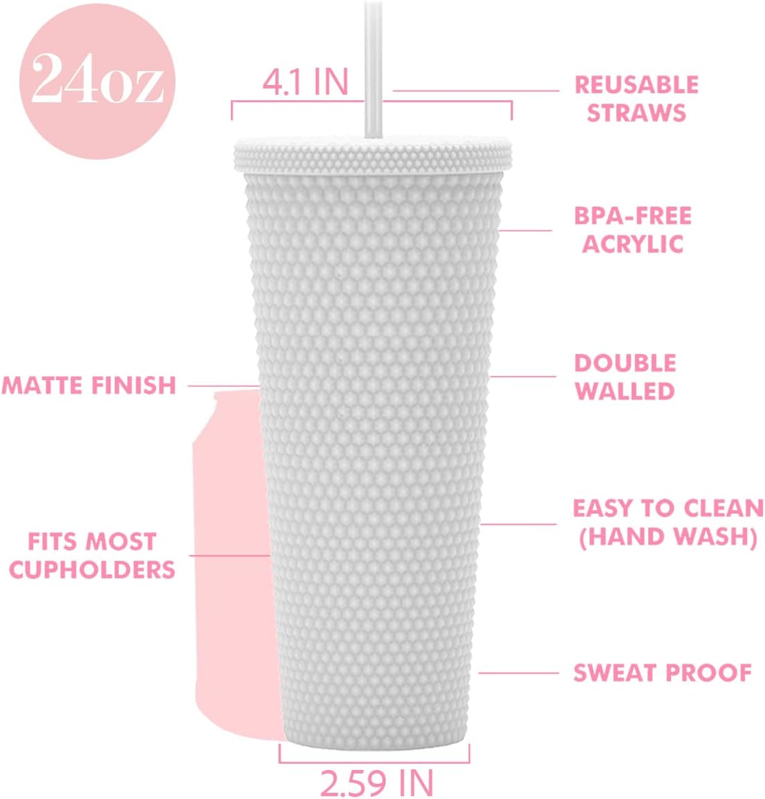 24oz Fully Studded Tumbler.Matte White Studded Tumbler with Lid and Straw.Reusable Double Walled Insulated Travel Tumbler.Plastic Acrylic Pastel Colored Tumbler Cup for Iced Coffee Smoothie. - Image 2