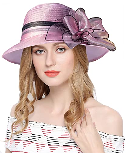 RZTA Women's Organza Church Dress Hat Wide Brim Leaf Flower Bridal Shower Hat (S1 Pink Purple)