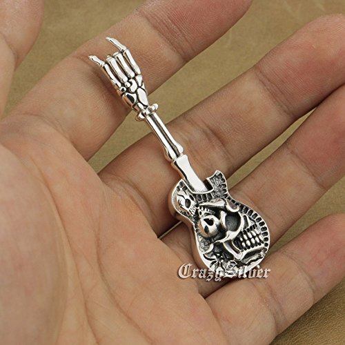 LINSION 925 srebro Sterling młodzieżowy styl czaszka muzyka gitara wisiorek rowerzysta rock punk Jewerly 9M022A-JP