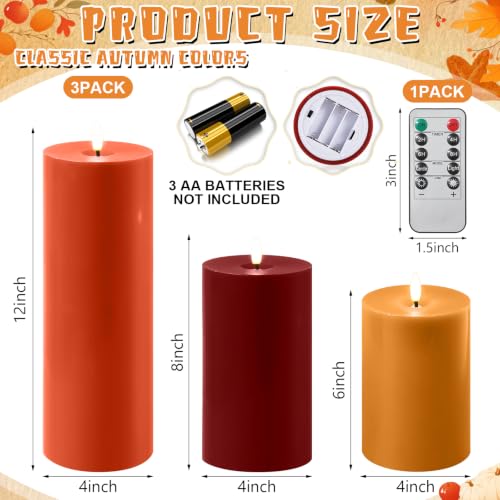 Image of Retisee 3 Pcs 6 /8 /12 Inches Flameless LED Candles with Remote and 2 /4 /8h Timer Wine Red Orange Yellow Battery Operated Wax Flickering Candles for Fall Parties Autumn Thanksgiving Harvest Festival