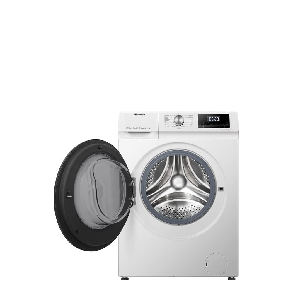 Hisense WFQA8014EVJM - Lavatrice con funzione di vapore, 8 kg/AquaStop/1400 giri/min, 15 programmi/inverter PowerDrive/tamburo in acciaio inox/sicurezza bambini/pulizia del tamburo/bianco