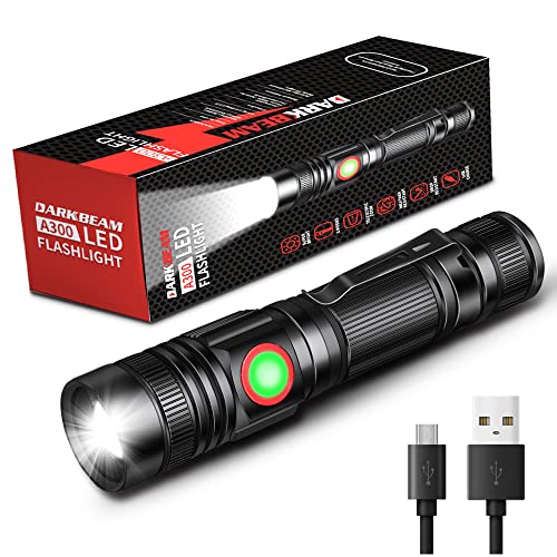 DARKBEAM Torcia LED USB ricaricabile 2000 ad alti lumen, torce tascabili piccole e luminose, luce flash portatile resistente all'acqua zoomabile per campeggio, corsa, emergenza con batterie
