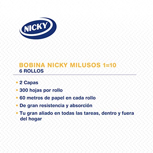 Miniatura 3 de Nicky Milusos, 6 Rollos de Papel de Cocina, 2 Capas | 300 Hojas por Rollo, Súper Absorbente y Resistente, Papel 100% Certificado FSC, Blanco
