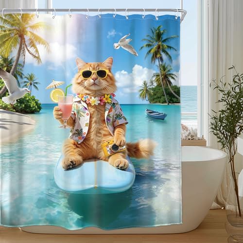 Image of Funny Cat Shower Curtain Cute Kids Surfing 60Wx72H Inch Decor | Hawaii Tropical Summer Surfboard Blue Ocean Sea Seagull Sun Cool Cats Waterproof Polyester Bathroom 12 Hooks