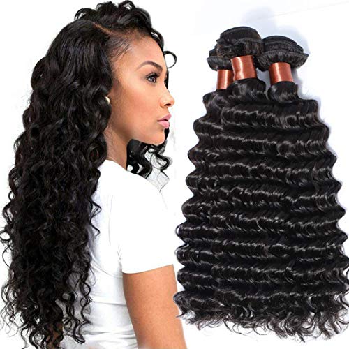 BLACKMOON HAIR Brazilian Virgin Hair Deep Wave Bundles 3 Bundles Unprocessed Virgin Remy Human Hair Extension Deep Curly Hair Weave Natural Color(18 18 18 Inch)