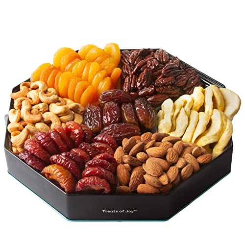 Oh! Nuts 7 Section Dried Fruits and Nuts Gift Basket - Gourmet Assorted Fruit & Nut Gifts Baskets - Healthy Food Hexagon Metal Tin Box - Festive Gifts for Holiday, Birthday, Corporate Women & Men
