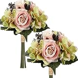 YYHMKB Lot de 2 Roses artificielles et amp; Bouquet de Fleurs d'hortensia Bouquet d'hortensias en Soie Fausses Fleurs 9 têtes de Fleurs artificielles buisson pour la décoration intérieure Vert Rose