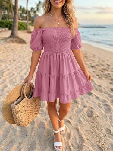 Image of Wenrine Womens Puff Sleeve Babydoll Dress Summer Floral Square Neck Smocked Casual Off Shoulder Ruffle Boho Mini Dresses