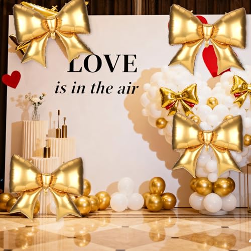 Image of 4Pcs Giant Bow Balloons, 97.5cm /38in Big Elegant Coquette Theme Balloons for Birthday Wedding Engagement & Party Large Decorations Bridal & Bachelorette Supplies (Gold)