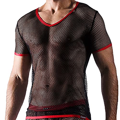 E-Laurels Mens Fishnet Shirts Shows Off Sexy Muscle, Mesh Undershirt Have More Comfortable and Breathable with See Through Shirt Men.(Black L)