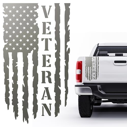 Image of GRITKULTURE Veteran Distressed American Flag Vinyl Decal for Trucks, Tailgate, Cars, Windows Compatible with Most Pickup Trucks EUA Flag - Rear Graphic USA, US Flag Car Sticker (Metallic Grey)