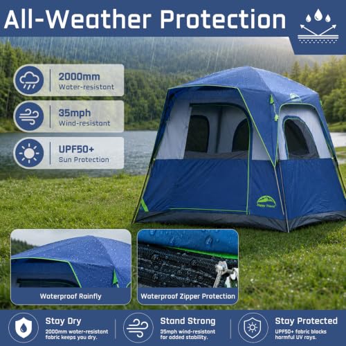 Image of Happy Travel Tent 4 Person Tents for Camping, Waterproof Easy Setup Camping Tent with Top Rainfly, Portable Tall Cabin Tent with 4 Mesh Windows and Carry Bag for Outdoor Camping & Hiking